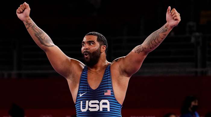Olympic wrestler Gable Steveson celebrates.